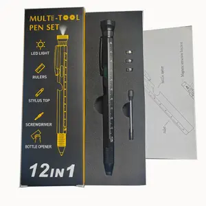 12-in-1 Professional Multitool Pen with LED Light, Screwdriver, Level & Bottle Opener - Heavy Duty Metal EDC Tool