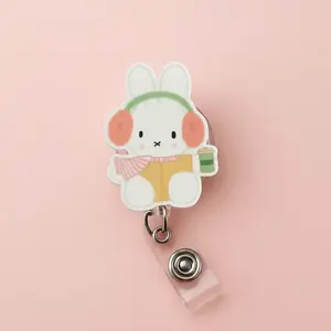 Bunny Rabbit Retractable ID Badge Reel Cute Miffy Badge Holder Office Accessory Unique Gift for Nurse Doctor Teacher Medical Worker or Coworker Durable Acrylic Retractable Cord Mechanism