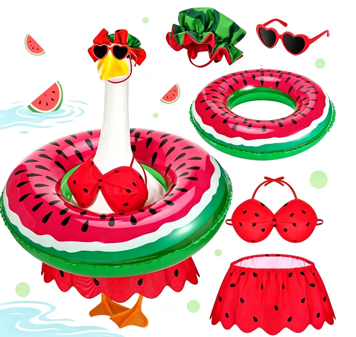 Watermelon Summer Beach Bikini Outfit Set for 23 Inch Lawn Porch Goose Statue, Complete Costume with Hat, Heart Sunglasses & Inflatable Swim Ring, Funny Outdoor Yard Farmhouse Decoration, Goose Figurine Not Included