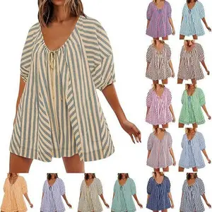 Summer Rompers for Women Striped Puff Sleeve Mini Shorts Romper Dress V Neck Jumpsuits Boho Beach Vacation Outfits Striped Oversized Romper with Pockets Casual Cotton Womenswear Adjustable