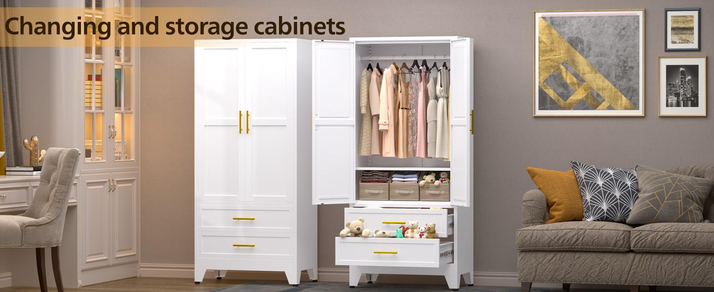 Metal Wardrobe Closet 71" with 2 Doors & 2 Drawers, Armoire Wardrobe Closet with Hanging Rods and Adjustable Shelf, Steel Wardrobe Storage Cabinet for Bedroom, Large mothersdaygift