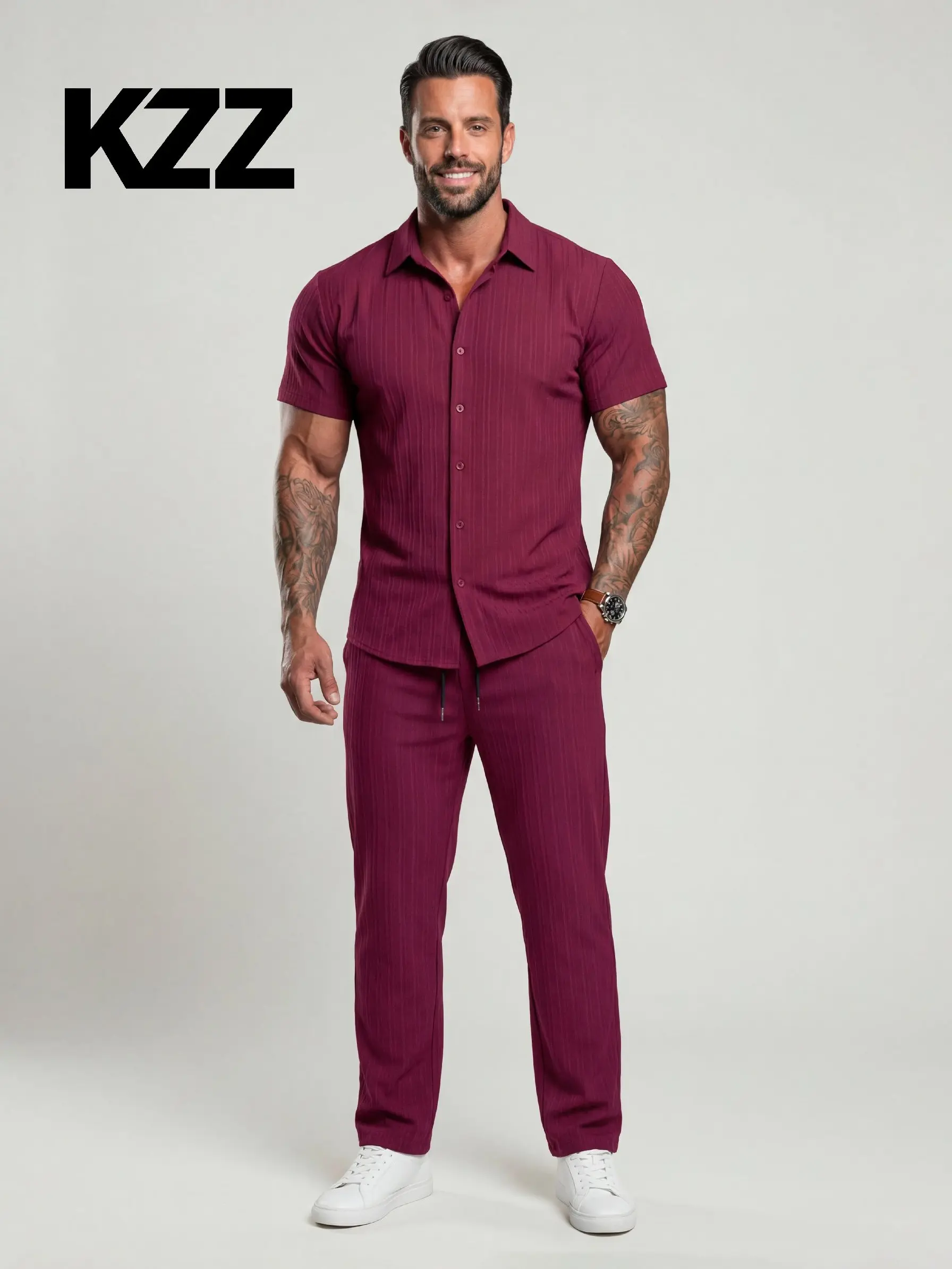 KZZ Men's 2-Piece Maroon Casual Outfits - Short-Sleeve Button-Front Fitted Shirt & Drawstring Pocket Elastic Waist Trousers, Menswear Summer Clothes, Christmas Gifts for Him, Shortsleeve, Male Clothing, 2 Piece Sets, Men's 2 Piece Sets