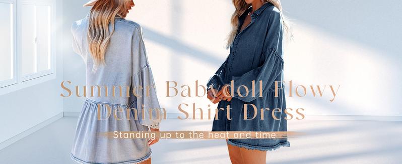 Women's Oversized Distressed Denim Button-Down Shirt Tunic Dress: Flowy Mini Jean Dress with Pockets