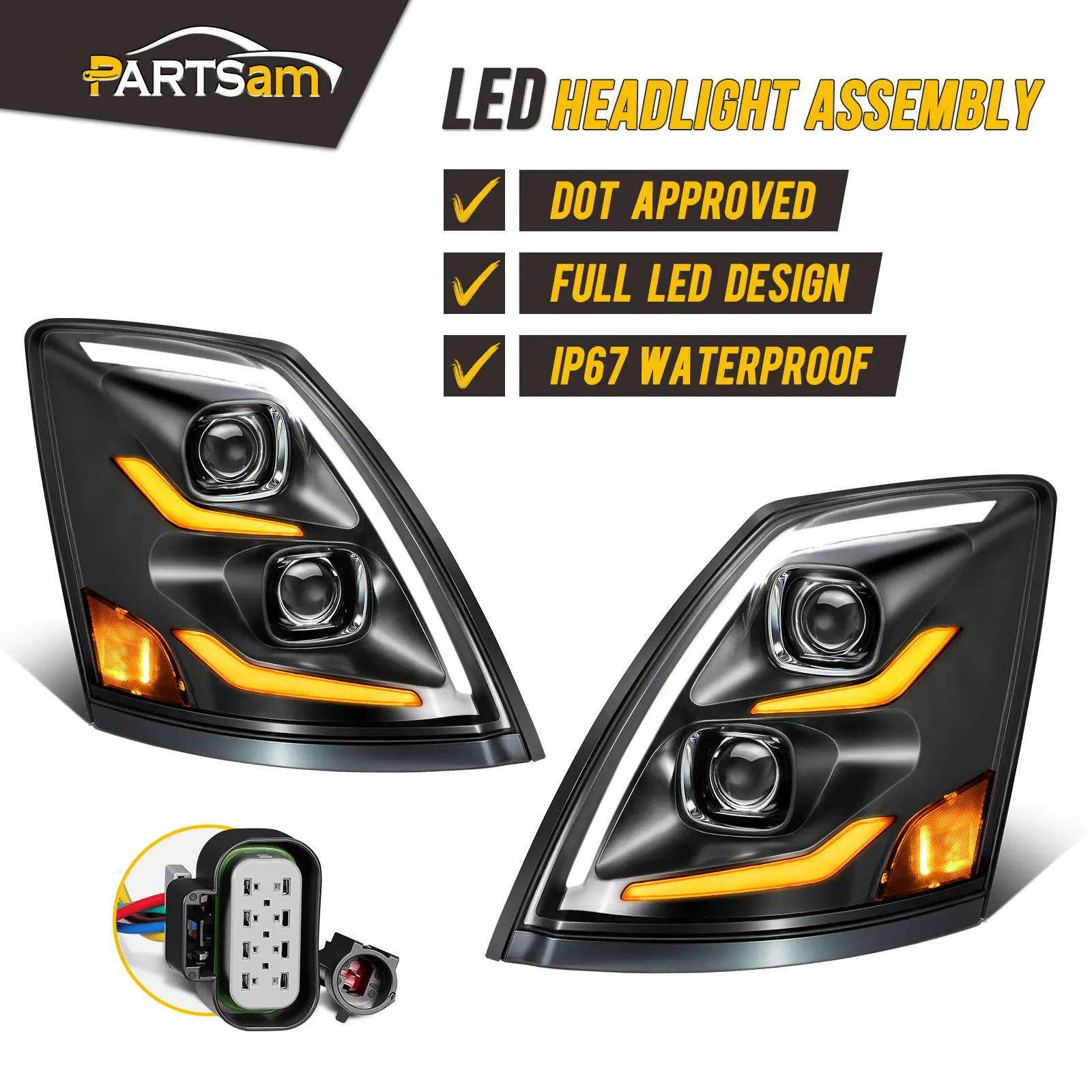 Partsam LED Headlights Assembly Compatible with VNL VN 2004-2017, DOT Approved with Start Animation High/Low Beam Sequential Turn Signal DRL Marker Lights, IP67 6500K