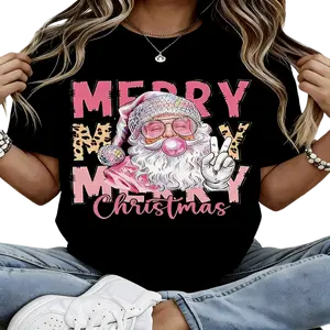 Ladies Green Xmas Tee Pink Leopard Print Merry Santa Peace Design Casual Comfortable Short Sleeve Blouse Festive Holiday Outfit for Women