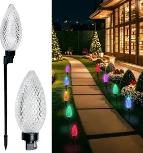 10 LED 24.6FT Christmas Pathway Lights, Multi & Warm Color Pinecone Marker Lights with 10 Steel Stake & 11 Modes, Connectable Ground Light for Lawn, Patio, Walkway, Sidewalk (10)