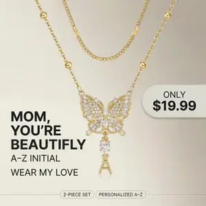 MEIITRUE 2PCS Layered Butterfly Initial Necklace A–Z – 14K Gold Plated, 5A CZ Alphabet Pendant for Women Perfect Personalized Gift for Her