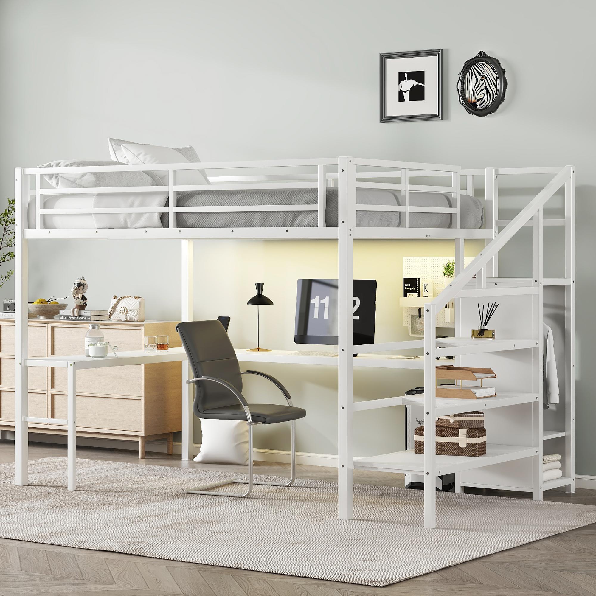 Attic bed with L-shaped desk and USB interface, metal loft bed with wardrobe and adjustable shelf, high loft bed with LED lights for adults