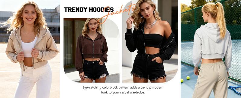 Yeokou Women's Zip Up Y2K  Short Hooded Sweatshirt Colorblock Zip Pullover Top - Stylish Cropped Fit & Comfortable Material for Casual Outings