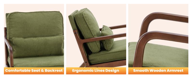 Mid Century Modern Chair, Accent Chair with Arms and Waist Cushion, Reading Chairs for Adults, Lounge Chair for Living Room and Bedroom, Solid Wooden Frame