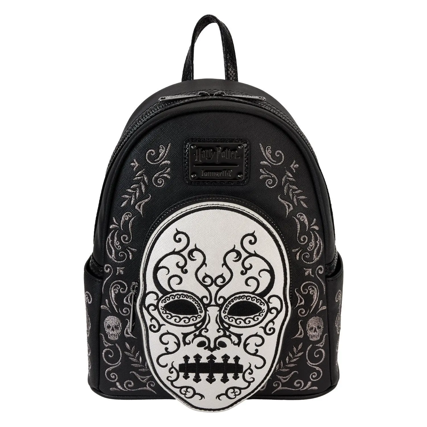 Loungefly Harry Potter Death Eater Cosplay Mini Backpack, Metallic Faux Leather Casual Daypack with Applique Skull and Embroidered Details, Skull Design, Embroidered Detail, Snake, Fantasy, Casual Wear, Graphic Print, Adjustable Straps
