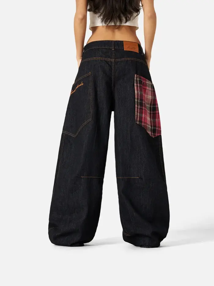 AELFRIC EDEN Men's Preppy Retro Super Baggy Wide Leg Denim Jeans - Unisex Vintage Check Plaid Patchwork Big Pocket Bottom Clothes with Comfortable Fabric Fit, Casual Style Pants, Baggy Pants, Fashion Apparel, Twist, Halloween, Cute, Embroidery, Baggy Jean