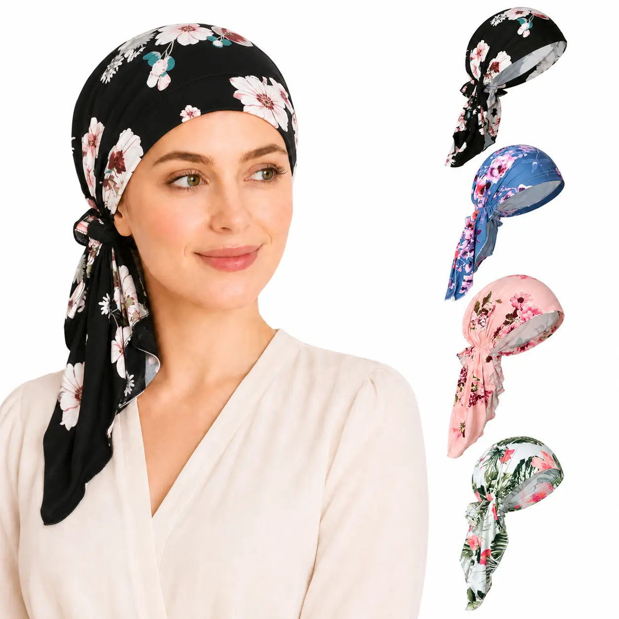 Women's 4-Pack Soft Cotton Turbans, Pre-Tied Full-Cover Chemo Headwear, Breathable Shower Caps for Hair Loss & Chemotherapy Patients