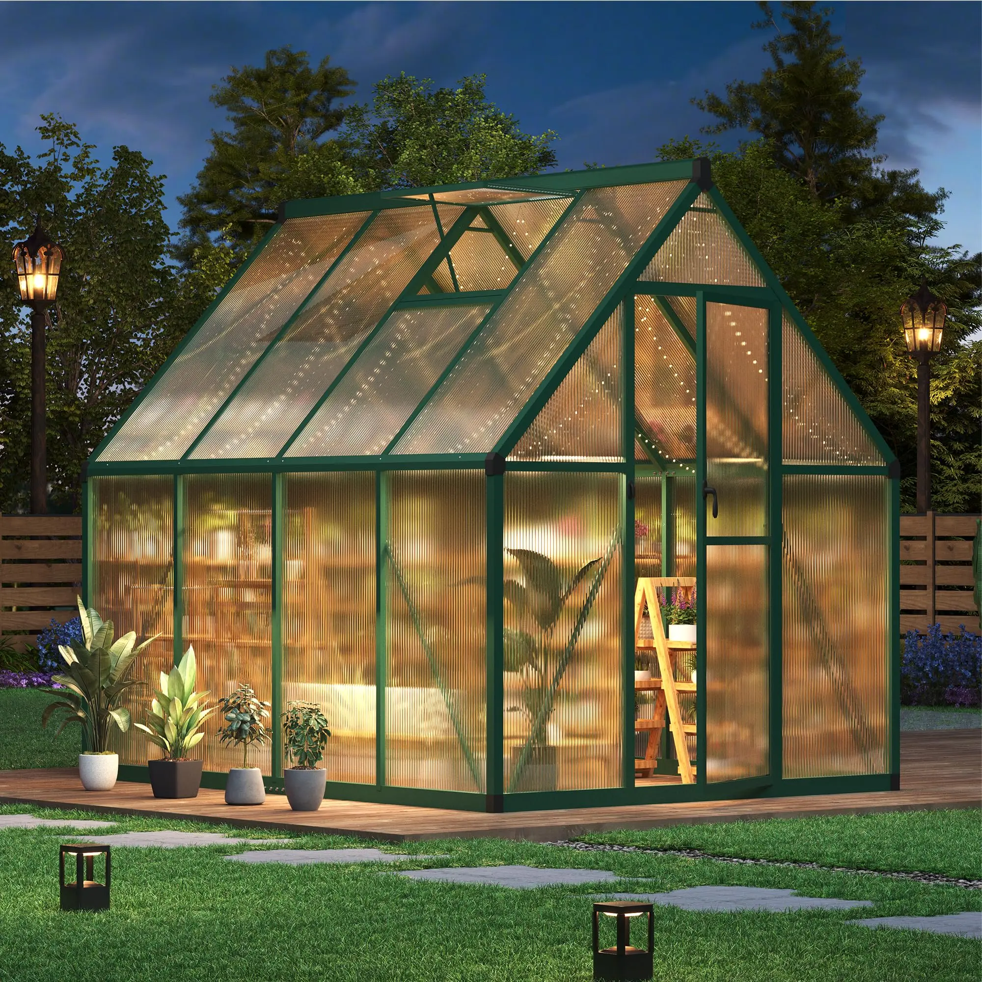 Gaomon Heavy Duty Greenhouse, 6×7 FT Outdoor Polycarbonate Spacious Walk-In Gardening Structure, 66.54" W x 88.19" D x 77.2" H Enhanced Aluminum Frame, Lockable Push Door, Natural Light Design, Optimized Ventilation System for Healthy Plant Growth