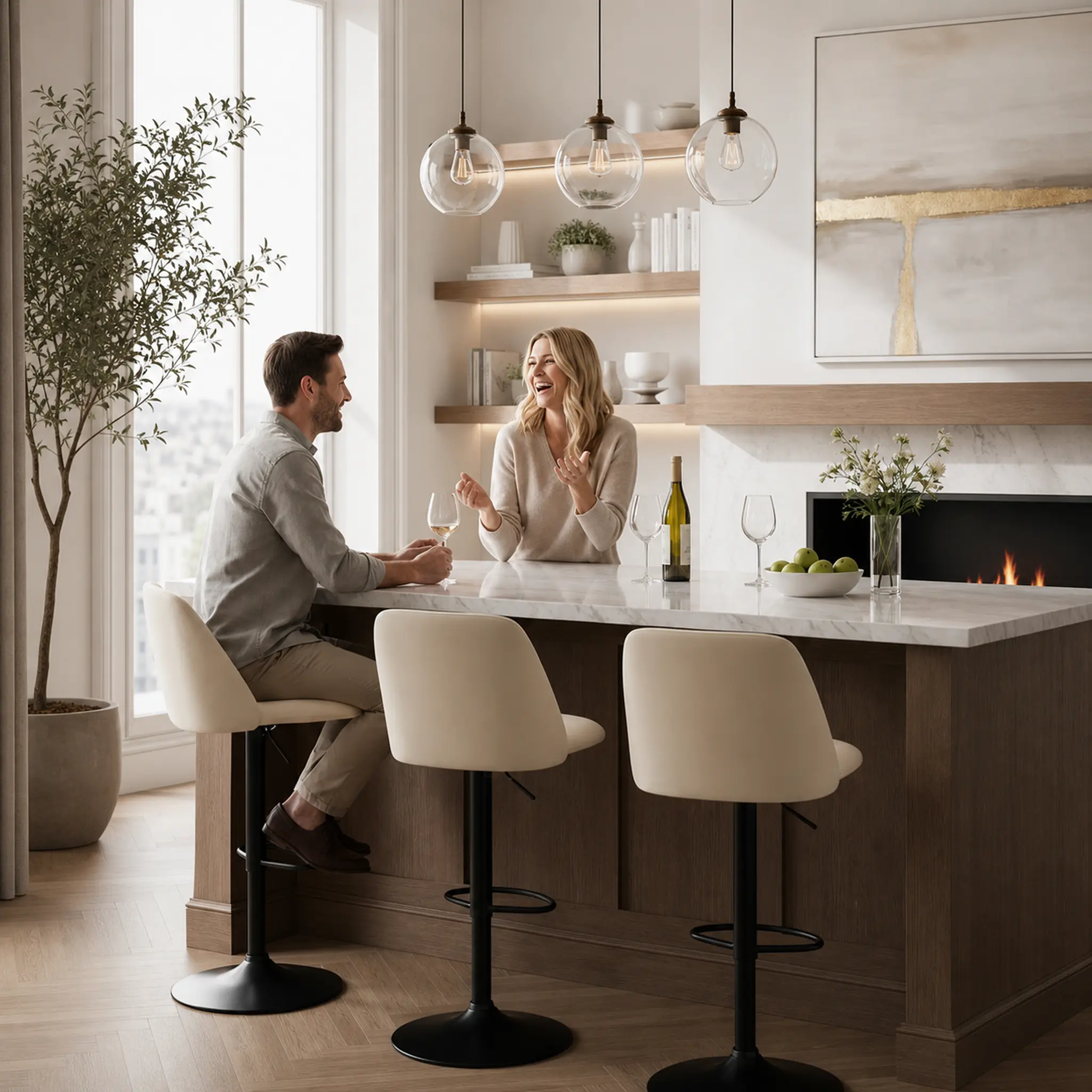COLAMY PU Leather Swivel Adjustable Height Bar Stools - Set of 2, 17.7" Widened Anti-Slip Base, Assembly Required Swivel Chairs for Home Bar, Kitchen Counter, Dining Use