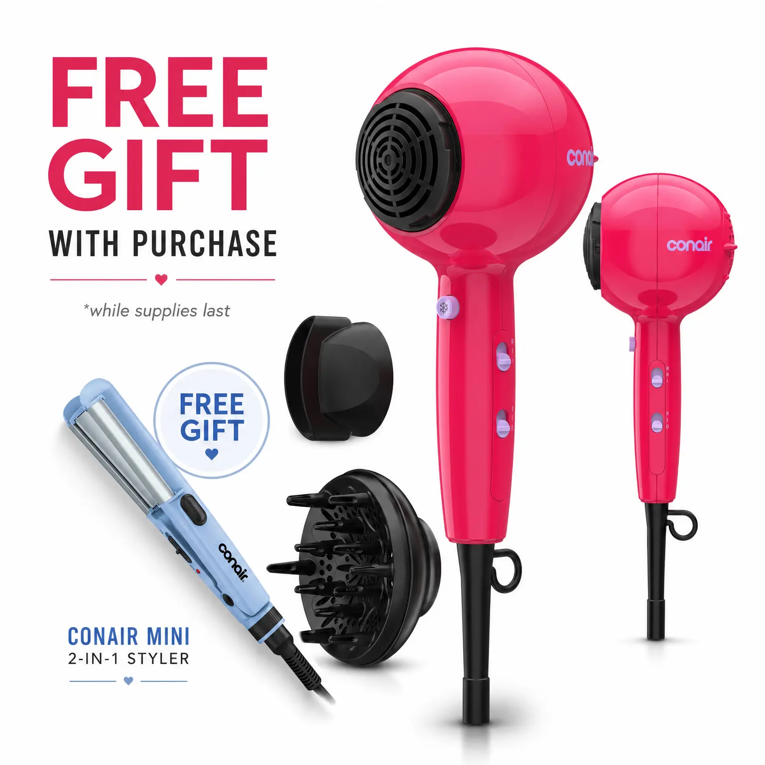 Conair Cake Pop Hair Dryer with Diffuser & Concentrator Attachments, Blow Dryer, Hair Dryers for Women, Tourmaline Ceramic Technology, 3 Heat/2 Speed Settings, Compact Hair Dryer with Concentrator