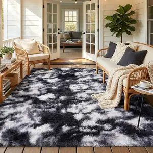 Living Room Rugs Bedroom Rugs, Ultra-Soft Plush Fluffy Shaggy Area Rug, Washable Non-Slip Soft Carpet with 4 Free Rug Grippers, for Kids Room Nursery Dorm Playroom Pet Friendly Modern Home Decor,  Sizes 4x6 5x7 6x9 8x10 9x12 10x14, tie-dye black white