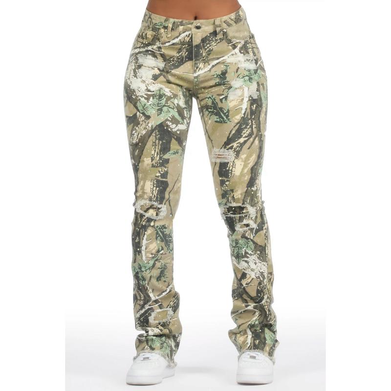 Kelle Tree Camo Rhinestone Stacked Jean