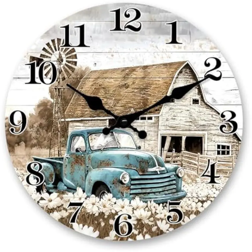 Farmhouse Barn Wall Clock Battery Operated 12 Inch Blue Truck | Silent Non-Ticng Country Rustic Windmill Wooden Clocks Decorative for tchen Bedroom Office