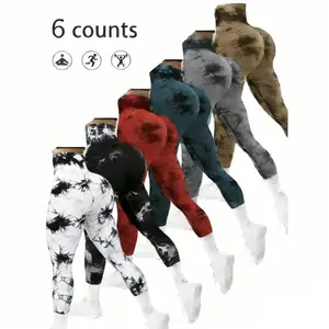 6PCS Women’s tie-dye patterned ruched high-waisted athletic leggings—casual, comfortable, breathable, highly elastic slim-fit pants suitable for yoga, gym workouts, and running; women’s activewear for all seasons with tummy control and shaping.
