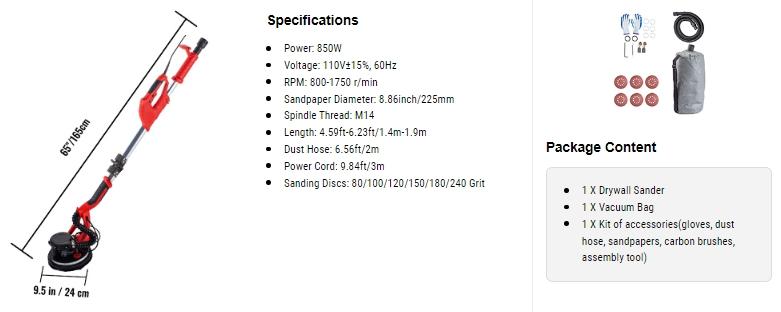 VEVOR Drywall Sander 850W, TikTokShopBlackFriday, Variable Speed 800-1750 RPM, Foldable Sheetrock Sander with Telescope Handle, LED Strip Light, Vacuum Bag & Gloves Heavy Duty Power Tools