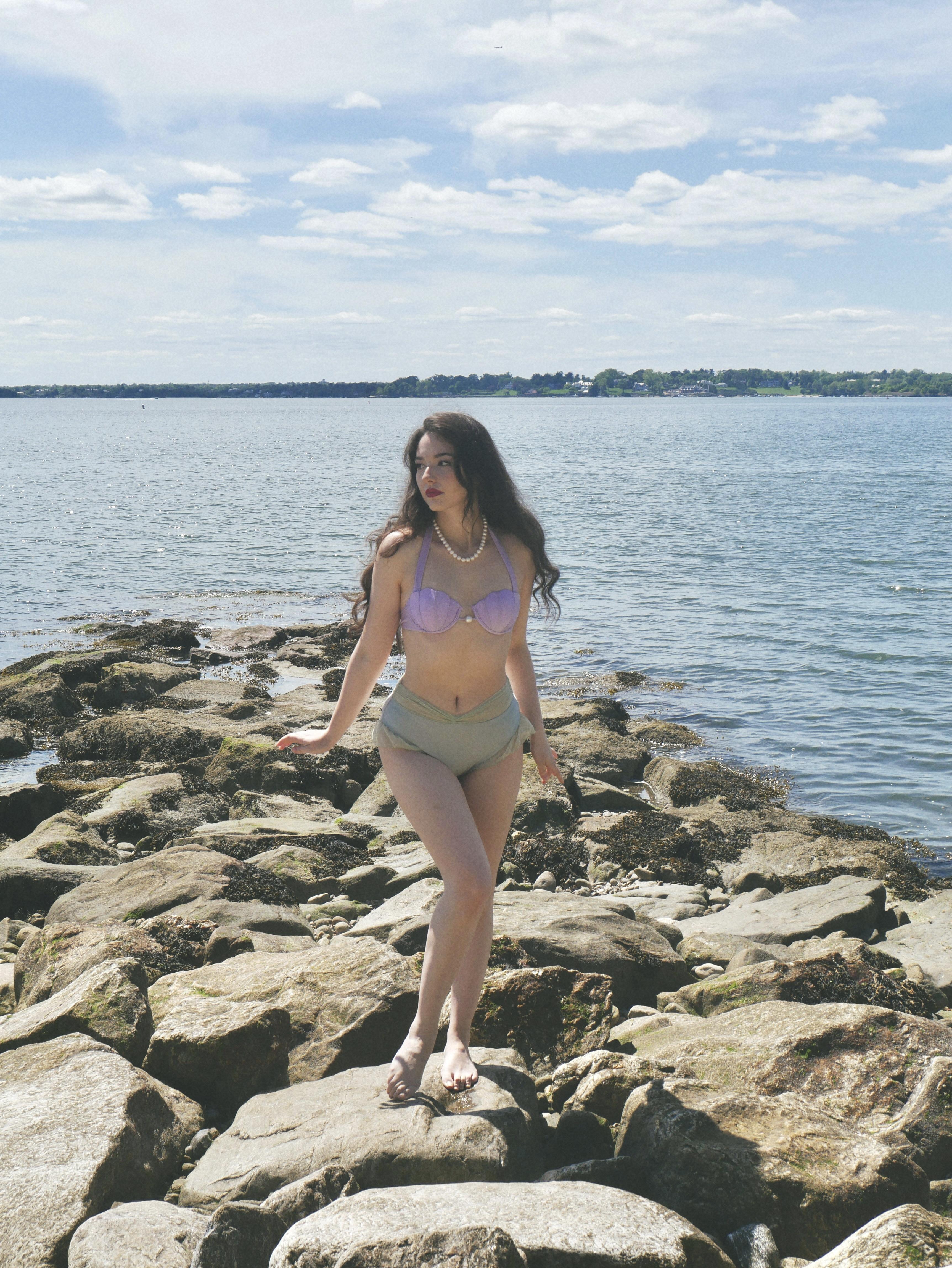 LAVENDER 1970S MERMAID SHELL HALTER BIKINI SET Ruched Swim Suits High Stretch Underwire Non-removable Pad Women's Swimsuit