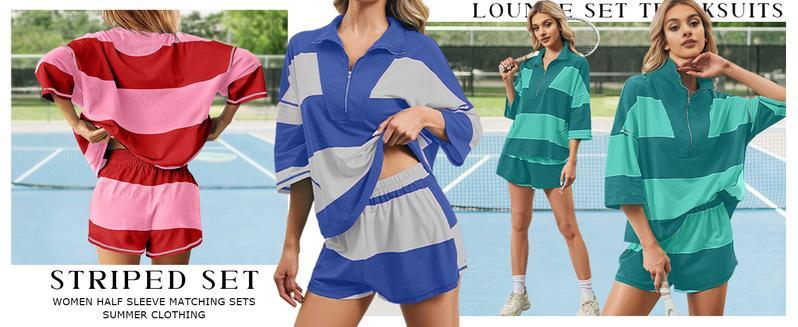 WoodBerry Women's Two Piece Workout Set Striped Short Sleeve Oversized Shirts Wide Leg Shorts Sets Summer Lounge 2 Piece Tracksuit with Pockets Tennis Sport Outfits for Daily WoodBerry Women's Two Piece Workout Set Striped Short Sleeve Oversized Shirts Wide Leg Shorts Sets Summer Lounge 2 Piece Tracksuit with Pockets Tennis Sport Outfits for Daily