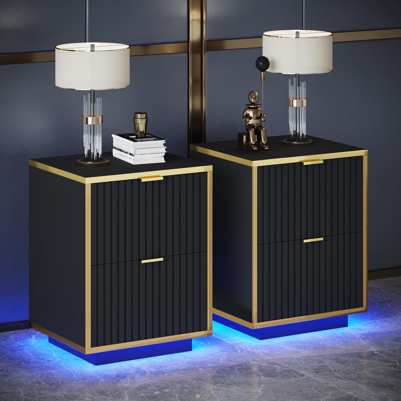 HOMBCK Nightstand, Modern Bedside Table with LED Lights, End Table for Bedroom Living Room