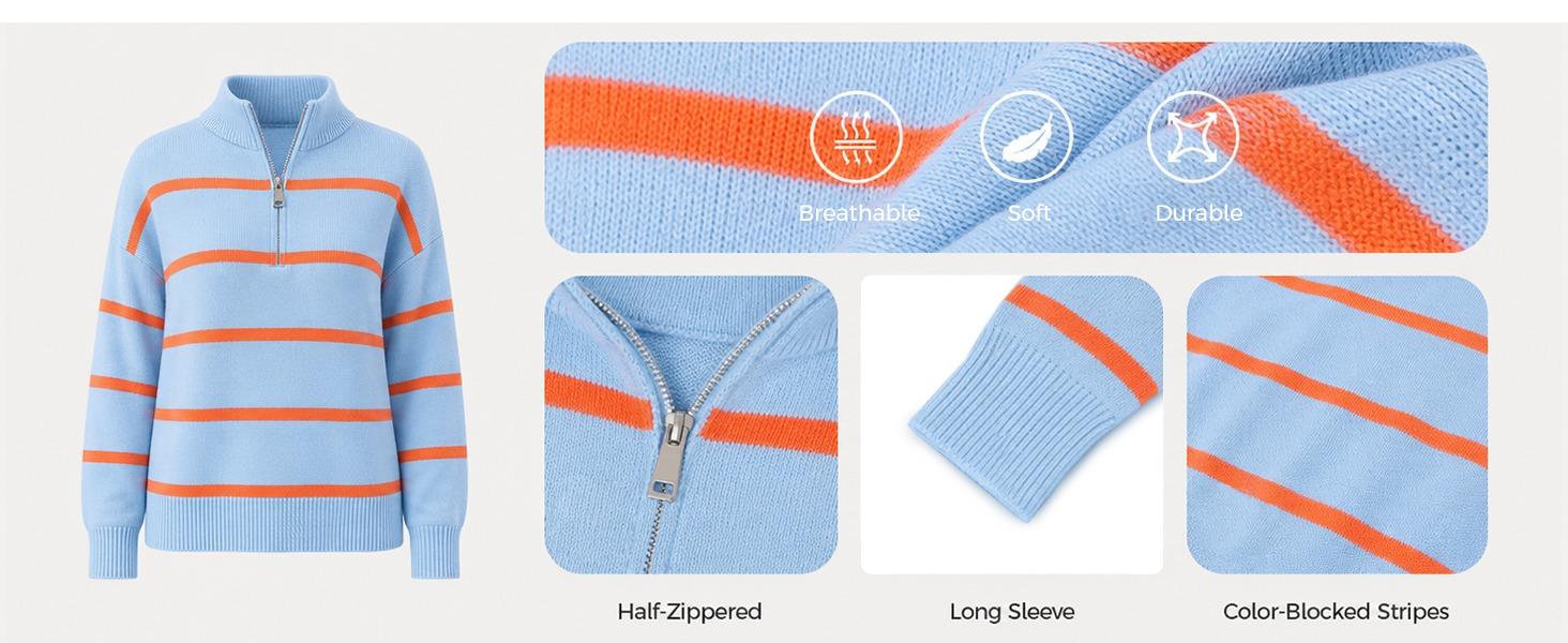 Fisoew Women's Vintage Light Denim Fabric Color Block Striped Quarter-Zip Lapel Collar Drop Shoulder Long Sleeve Oversized Knitwear Pullover Top, Casual Ribbed for Back to School Shopping Fisoew Women's Vintage Light Denim Fabric Color Block Striped Quarter-Zip Lapel Collar Drop Shoulder Long Sleeve Oversized Knitwear Pullover Top, Casual Ribbed for Back to School Shopping