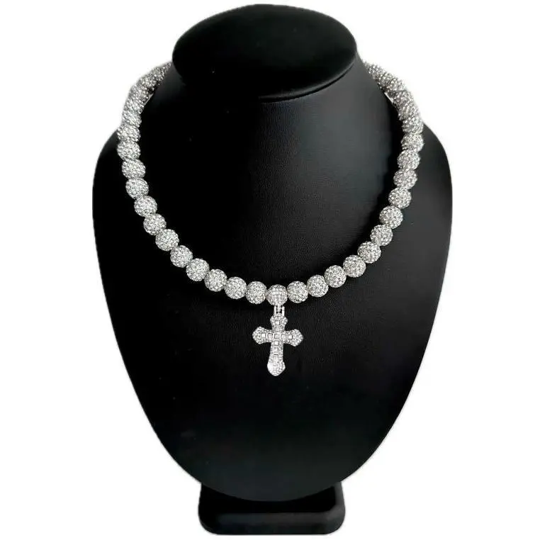 Iced Disco Ball Crystal Bead Baseball Drip Necklace w/ Iced Bling Cross Pendant Neck Jewelry