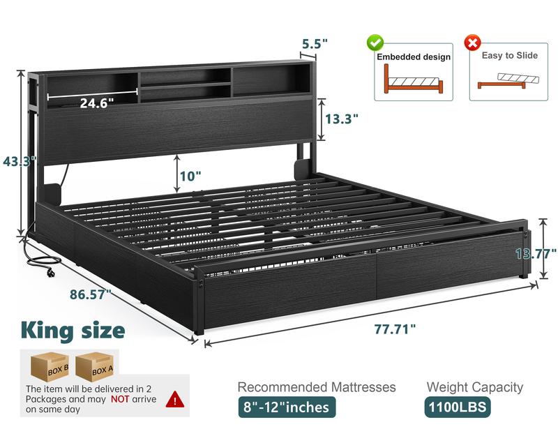 Raybee 6 Drawers Wood Bed Frames for King Queen Full, Luxury Platform Bed Frame with Storage Head Board & Build-in Power Outlet, Holds up to 1000lbs with Metal Frame & Slats, Noise Free, Space Saving for Bedroom