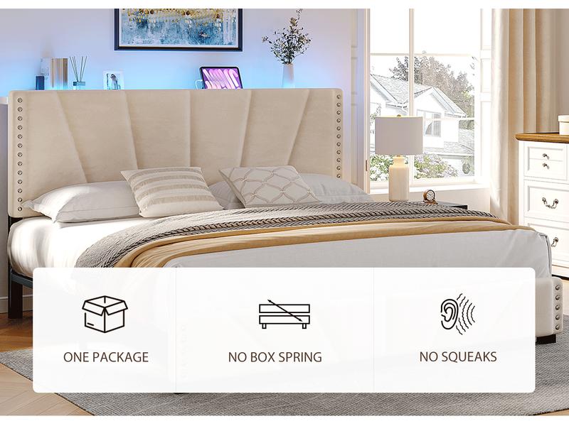 Upholstered Bed Frame for King Queen Fullwith LED & USB Ports,No Mattress, Modern Luxury Platform Bed Frame with Headboard and Storage Shelf, No Noise, Holds 800lbs, Wood Slats & Metal Frame, Gray, Beige
