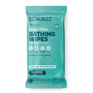Scrubzz Extra Large & Ultra Thick Bath Wipes for Adults No Rinse - 10 Disposable Body Cleansing Wipes for Men Women Gym Camping Post Surgery