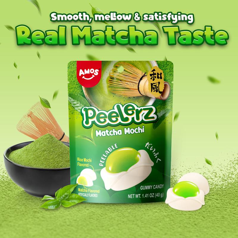 AMOS Peelz Gummy Peelable Mochi Variety Pack - Chili Mango, Matcha, Red Bean, Egg Custard - Soft Chewy Delight Snack Bonbon - Fun Treat for Gummy Lovers Mangga Sweet