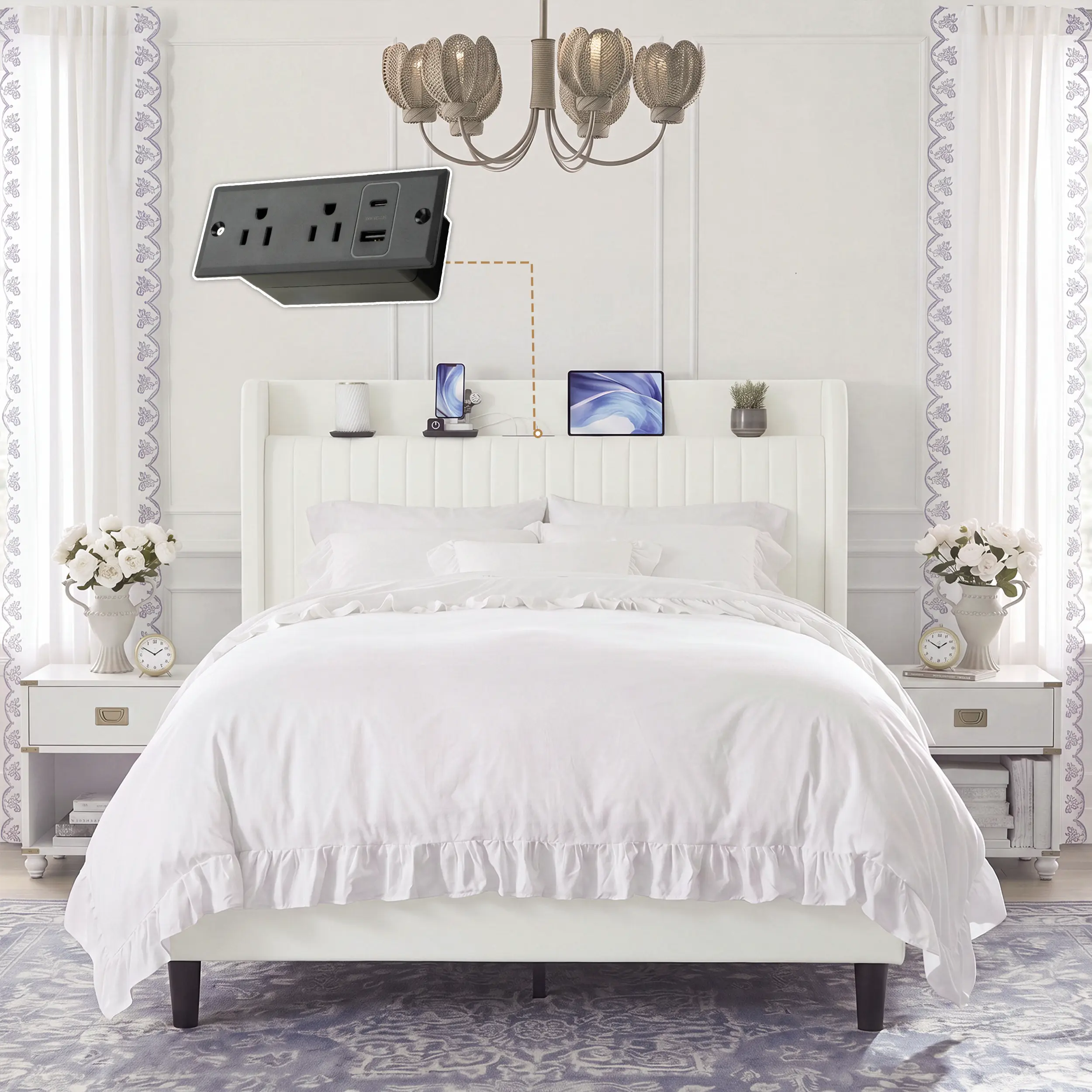 SHA CERLIN Velvet Upholstered Wingback Bed Frame with USB Charging Station, Storage Headboard, Wooden Slats Support, No Box Spring Needed, Easy Assembly, Bed Frames