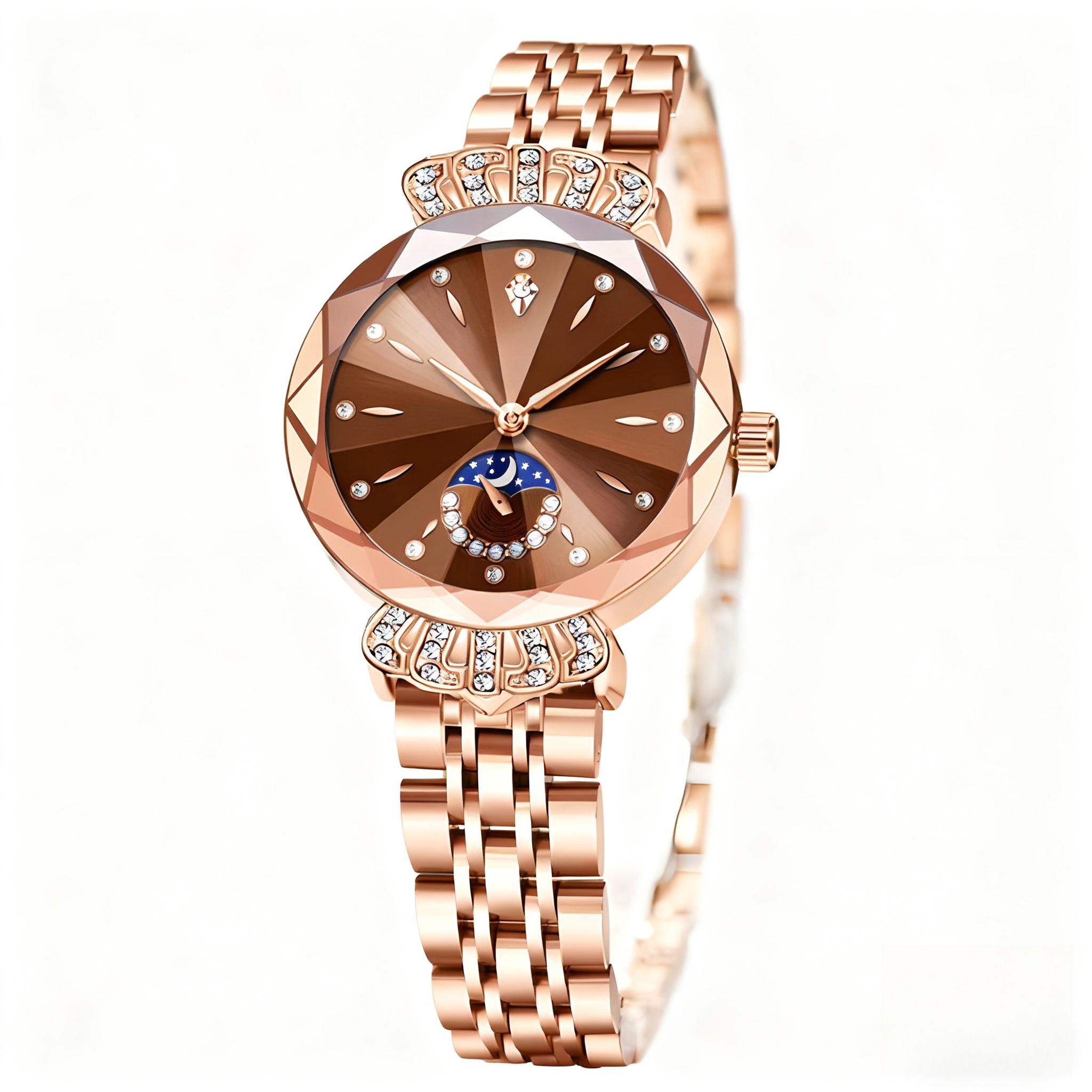 [Mother's Day Gift] Elegant Women's Wristwatch with Moon Star Sun Dial, Faceted Crystal Accent, Stainless Steel Band, Anniversary Gift for Her