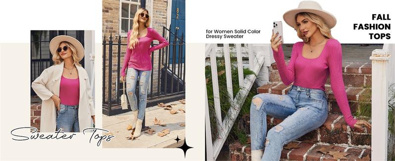 Women's Super Soft Stretchy Ribbed Knit Sweater Square Neck Long Sleeve Slim Fitted Tunic Top for Fall Winter Essential Casual Outfit