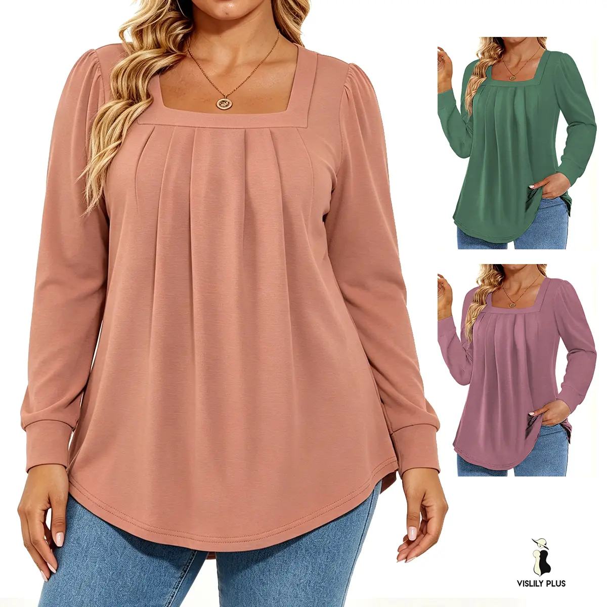 Women's Plus Size Square Neck Front Pleated Elegant Long Sleeve Tunic Tops Fall Winter Casual Dressy Oversized Cardigan Blouses Clothing Soft Breathable Stretchy Fabric Flowy Style solid color XL-5XL DPS1120 Womenswear spring shirt