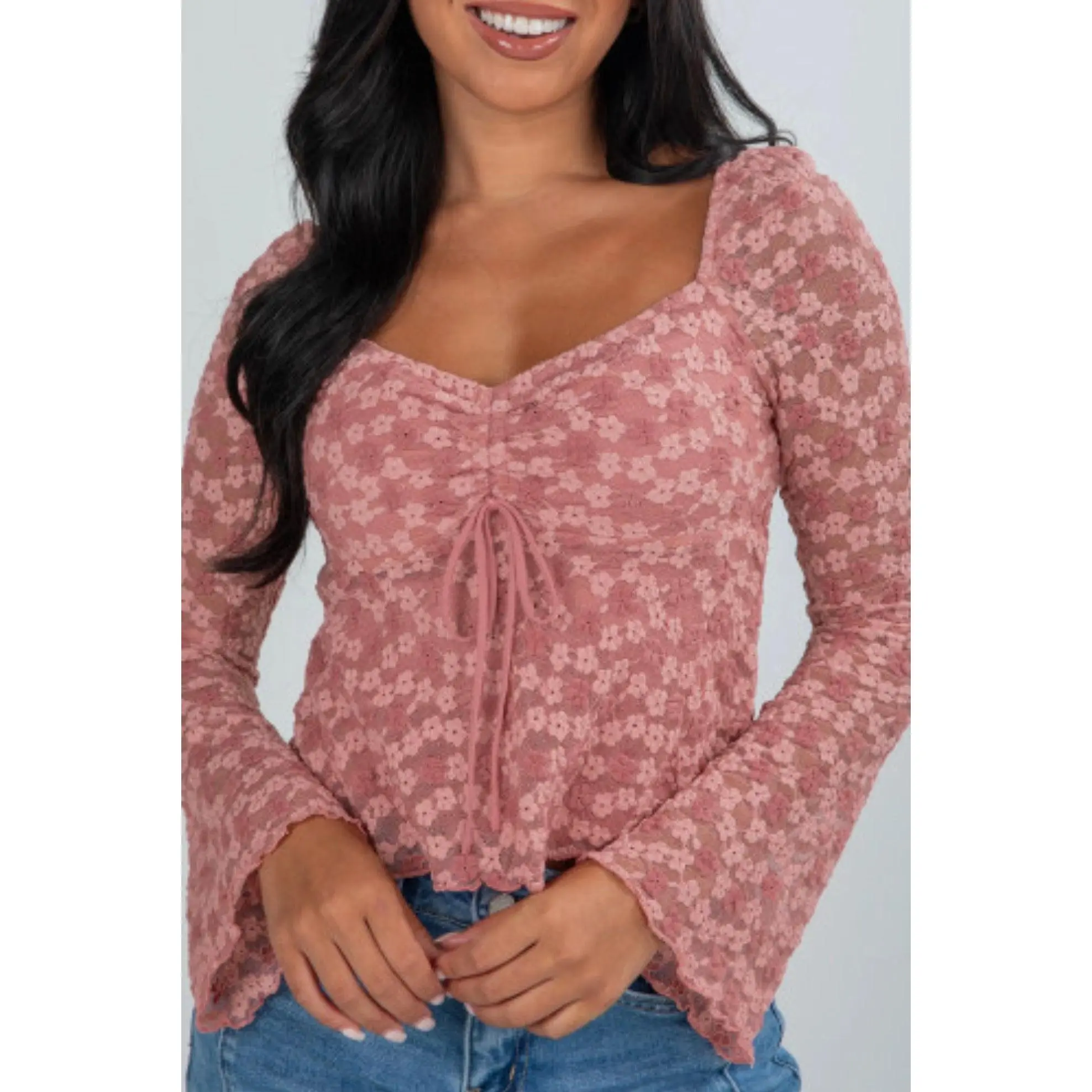 Peach Blossom Drawstring Knot Detail Floral Lace Blouse