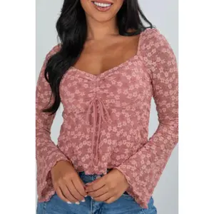 Peach Blossom Drawstring Knot Detail Floral Lace Blouse