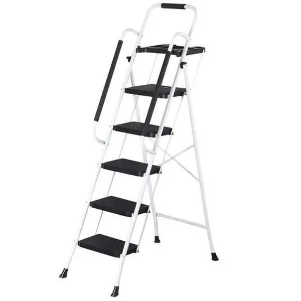 Folding Steel Ladder (3/4/5-Step), Non-Slip Wide Pedal Step Stool for Home Improvement, Office Organizing, Compact Pack, DIY Users, with Soft Foam Handrails, Tool Tray Ready, Tool-Free Assembly, Folds Down to Save Precious Storage