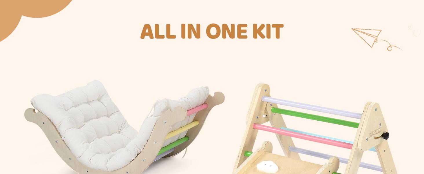JOYMOR 9-in-1 Pikler Triangle Set with Cushion (Large), Montessori Wooden Climbing Set for Toddlers with Colorful-Patterns Rocks, Seesaw, Arch, Foldable Ladder, Ramp, Toddler Climbing Toys Indoor