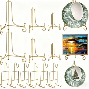 6 Pcs 3 Size Gold Plate Stands for Display, 4 6 8 Inch Plate Holder & 6 Cup and Saucer Display Stand for Displaying Picture Frames, Book, Card, Mug Organizer, Bowl, Decorative Plates, Tablet and Art