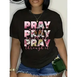 [100% Cotton] Plus Size Inspirational T-Shirt For Women - Pray Over It Print, Casual Crew Neck, Short Sleeve, Stretchy Polyester Blend, Machine Washable - Perfect For SpringSummerFall, Plus Size Tshirts T-Shirt For Men And Women