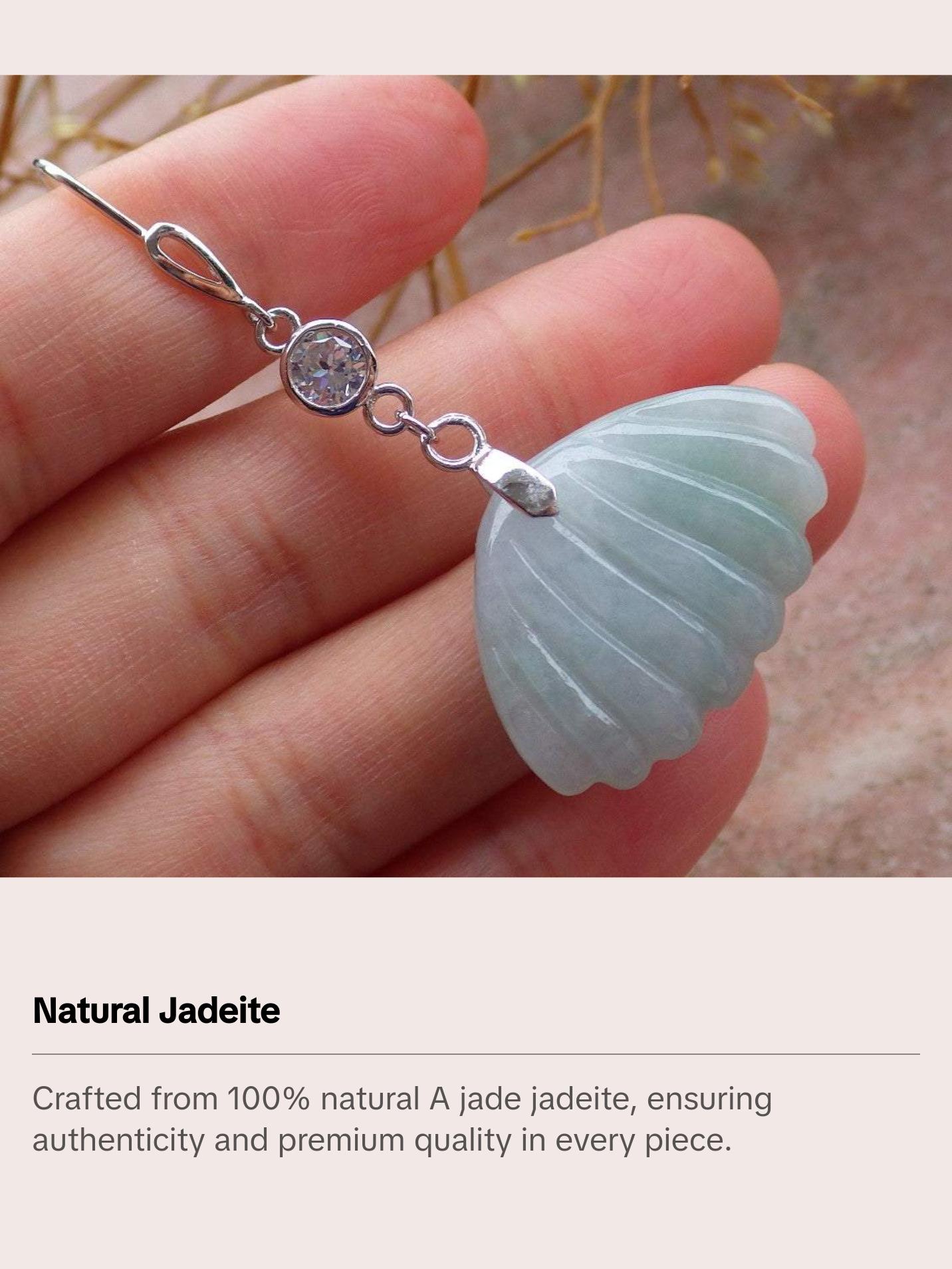 Certified Sterling Silver 925 100% Green Natural Myanmar Burma Hand Carved A Jade Jadeite Sea Shell Dangle Earring Earrings