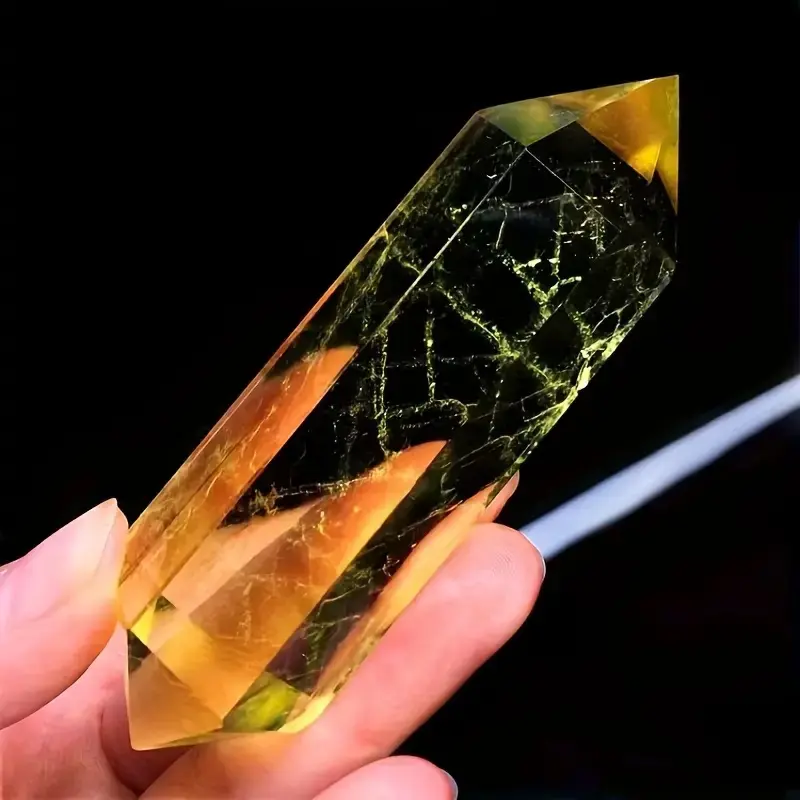 1pc Elegant 6-Faceted Double-Pointed Citrine Crystal Pendant Necklace with Golden Inclusions, Natural Crystal Jewelry, Ideal Fashion Gift for Women, Six-Faceted