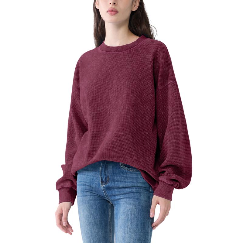 FAIABLE Oversized Acid washed Unisex Sweatshirt Loose Fit Cotton Pullover Vintage Crew Neck Sweatshirts Waffle Fabric