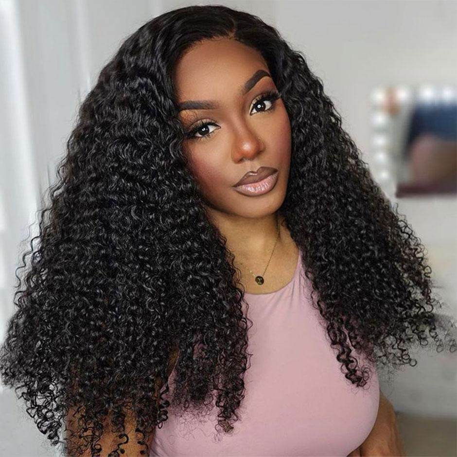 MORE FACE Afro Kinky Curly Wear And Go Glueless Wigs Pre Cut Lace 7x5 Lace Closure Wigs Pre Bleached Human Hair 100% Wigs