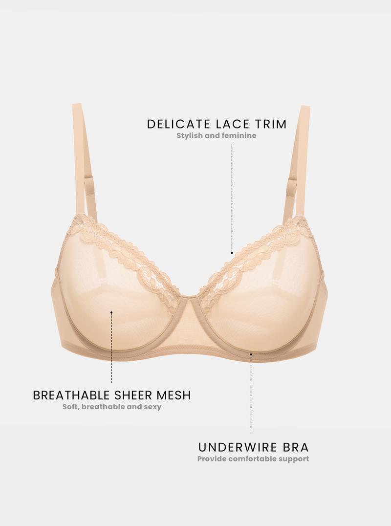DOBREVA Women's Sheer Mesh Balconette Bra Sexy Unlined Demi Underwire Bras Lace Plus Size