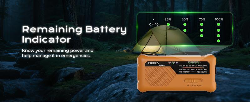 PRUNUS J-366 Winter Storm-Ready Emergency Radio- NOAA Weather Alert, 3-in-1 Charging Cables, 5-Way Power(7400mWh/AAA Battery/Hand Crank/Solar/USB-C), AM/FM, SOS Alarm, Flashlight, Compact for Bag Android Rechargeable Portable